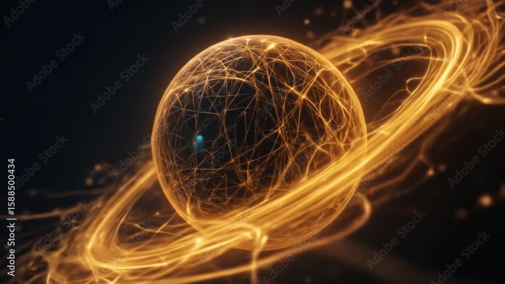 Poster golden abstract network sphere with energy trails and connections visualization