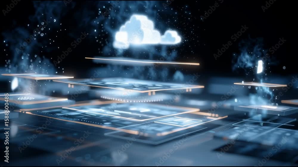 Poster ai concept with layered digital screens, holograms, and floating cloud computing icons data-driven t