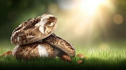 Obraz premium Mushrooms growing on grass in natural outdoor setting with sunlight shining through