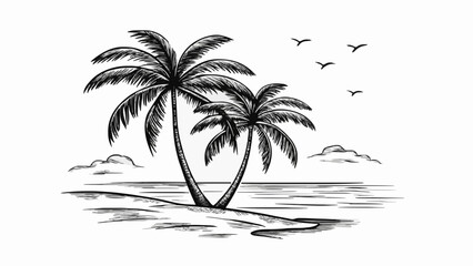 Hand-Drawn Palm Tree Beach Illustration – Minimal Tropical Coastal Sketch Art