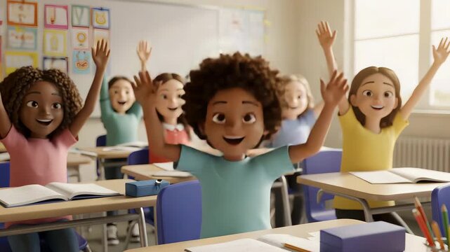 Young cute schoolgirl raising hand to answer question from teacher, classroom. Happy kid elementary student learning while sitting at desk during lesson. Education. Cartoon 3d illustration video