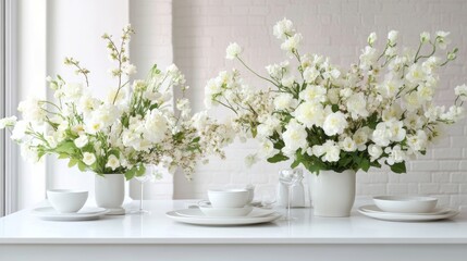 Elegant White Kitchen Interior with Spring-Themed Dining Arrangement and Fresh Floral Displays