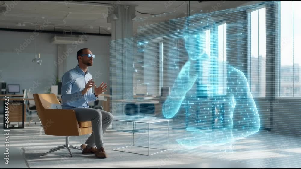 Aufkleber office worker talking to an ai assistant hologram in modern workspace real person interacting with v