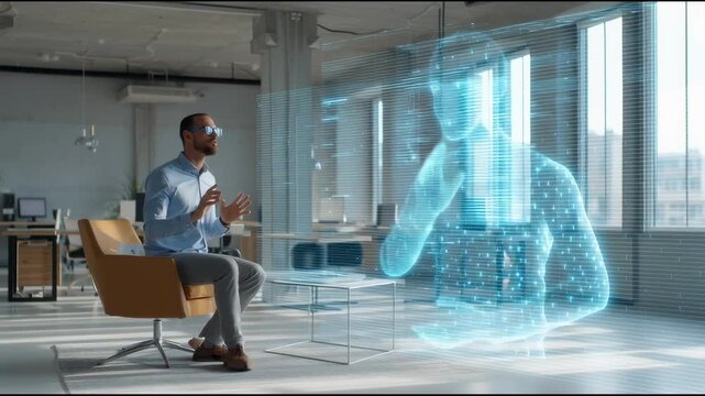 Office worker talking to an AI assistant hologram in modern workspace real person interacting with virtual intelligence