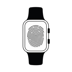 Smartwatch with fingerprint icon. Biometric identification for security and access control. Wearable technology concept. Vector illustration in line art style for app, web