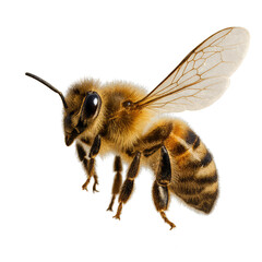 Photo of a flying bee. Side view.