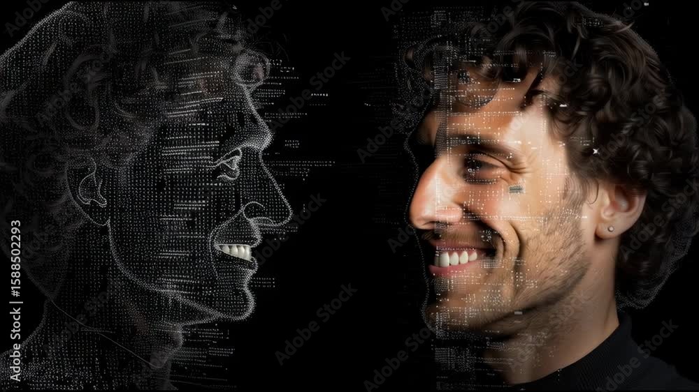 Poster portrait of a smiling man with his ai-generated double made of code fragments and light identity and
