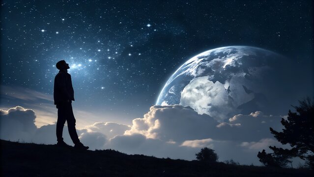  Silhouette of a Man Contemplating Illuminated Earth at Night.
