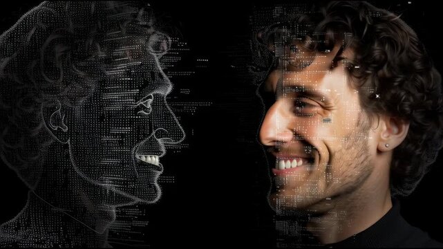 Portrait of a smiling man with his AI-generated double made of code fragments and light identity and machine fusion