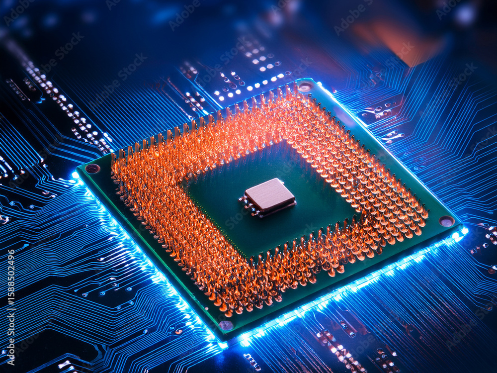 Poster futuristic composition of processors and chips in colorful digital layout high-tech collage of compu