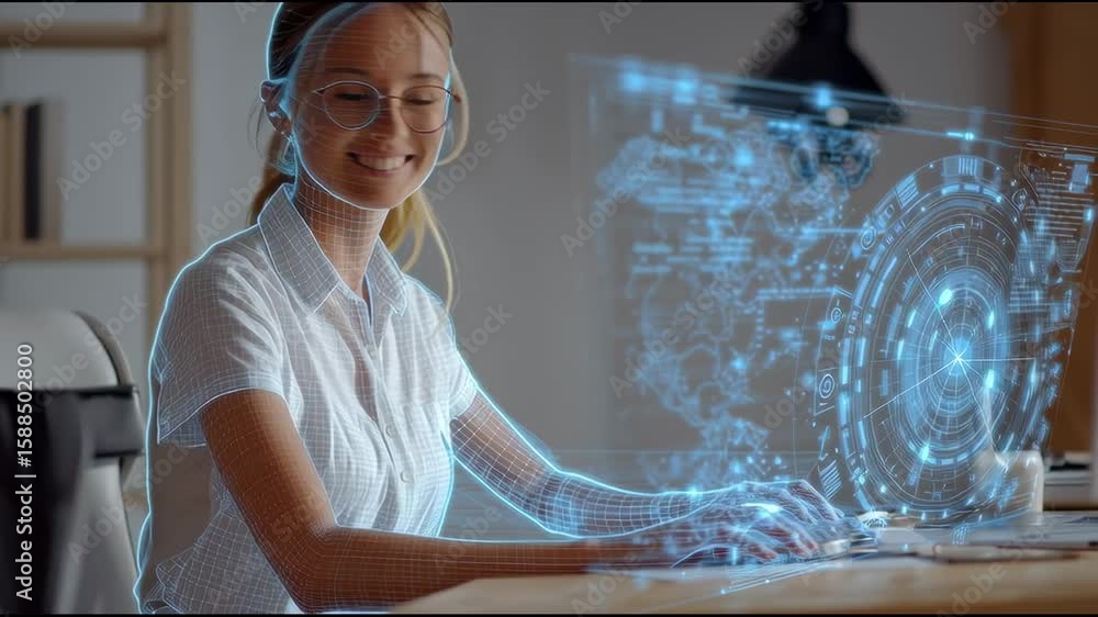Poster woman sitting at a desk while a transparent virtual ai interface floats beside her smart assistant a