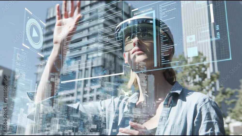 Poster real person using augmented reality glasses projecting ai data models in urban environment future ci