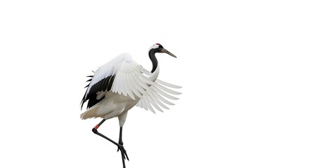 A redcrowned crane bird with wings spread isolated on white background