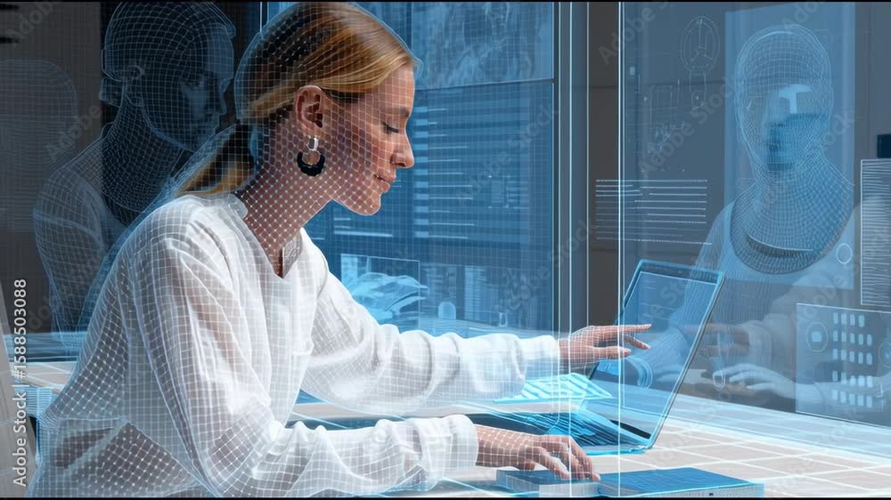 Aufkleber woman sitting at a desk while a transparent virtual ai interface floats beside her smart assistant a