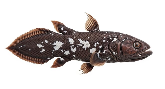 A coelacanth fish with white spots isolated on white background