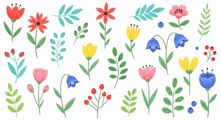 Watercolor Floral Pattern with Red, Yellow, Pink, and Blue Flowers and Green Leaves