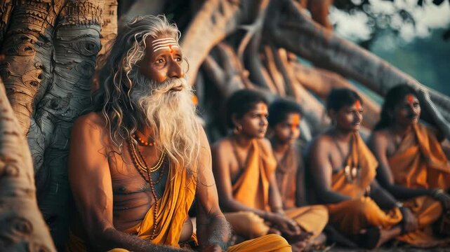 An Indian old sadhu sitting under a tree with a group of disciples
