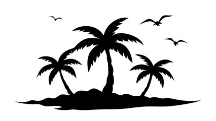 Palm Tree Island Silhouette with Flying Birds Vector Art