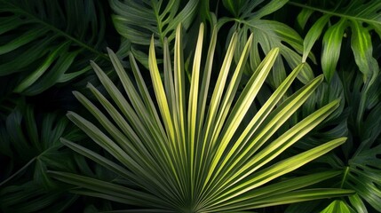 Close Up of Tropical Palm Leaf with Intricate Veins and Textures in Vibrant Shades of Green Nature