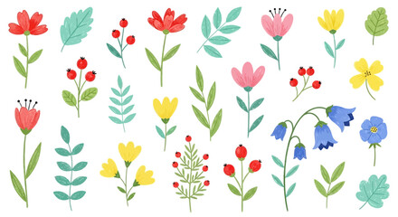 Watercolor Floral Pattern with Red, Yellow, Pink, and Blue Flowers and Green Leaves