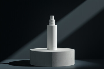 High-End Skincare Cream Bottle on Concrete Pedestal with Dramatic Lighting. Architectural Minimalism