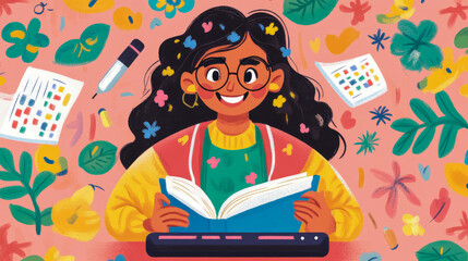A cheerful illustration of a young student immersed in reading, surrounded by vibrant abstract shapes, perfect for education resources or playful print material.