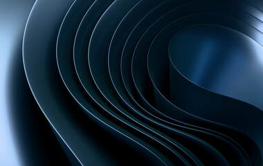 Modern Digital Art Featuring Deep Blue Metallic Coiled Strips with Sophisticated Gradient Effects and Dynamic Movement