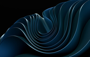 Abstract 3D Dark Blue Spiral Ribbons with Smooth Curved Layers and Elegant Flowing Motion on Black Background