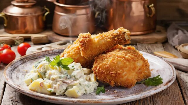 Austrian Backhendl, crispy fried chicken served with potato salad, traditional alpine dish with warm, golden light in a cozy kitchen
