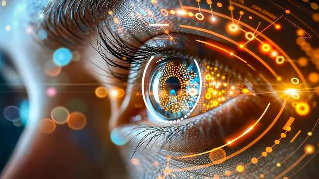 Closeup of a bionic eye with glowing circuits. Concept of artificial intelligence integration.