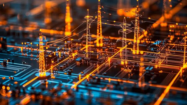 A miniature model complex power grid, featuring a network of towers and power lines