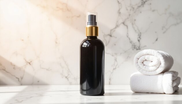 Black cosmetic bottle with gold cap on marble countertop  