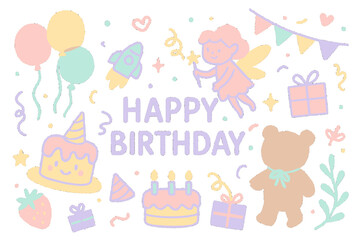 Fototapeta premium A delightful and colorful illustration celebrating a birthday, featuring balloons, a cake, gifts, a fairy with a wand, and other festive elements on a white background.