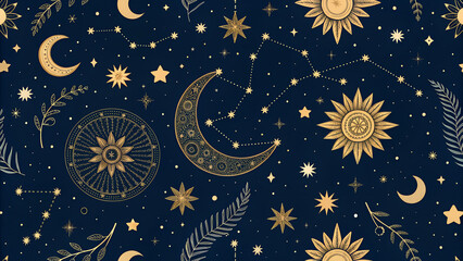 Naklejka premium Mystical Celestial Pattern with Moons Stars Constellations in Gold on Dark Navy