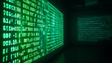 Immersive Digital Art Installation: Green Code Projections on Walls in a Dark Room - Powered by Adobe