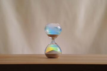 A simple hourglass on a wooden table with a beige backdrop, symbolizing time flow and minimalistic...