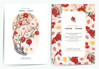  Vector Illustration template set of a Flowering and Fruiting Pomegranate Tree in Traditional Korean Minhwa Style. 