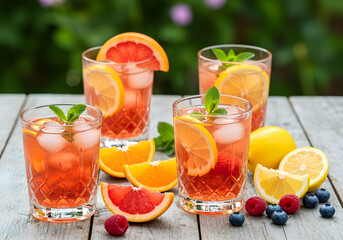 Vibrant summer cocktails with sliced oranges, grapefruit, and lemons artfully arranged on a weathered wooden table. Fresh raspberries, blueberries, and mint sprigs scattered around. Refreshing drinks 