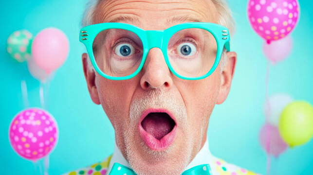 Close-up of a surprised senior man in bright party attire with colorful balloons for a festive celebration card.