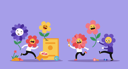 Naklejka premium Cheerful Cartoon Flowers with Human-like Features.