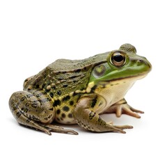 Green frog with textured skin and large eyes on a white background