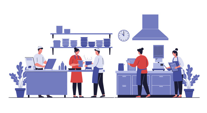 Restaurant Kitchen Staff Working Together in Illustration.