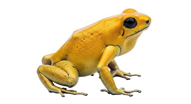 A bright yellow golden poison dart frog on a white background
