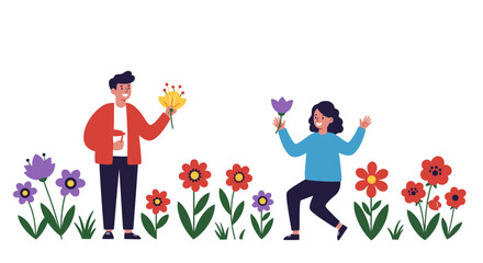 Cheerful People with Flowers in a Garden Illustration.