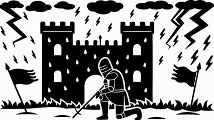 Naklejka premium A knight kneeling before a castle during a thunderstorm with flags and grass in black and white art silhouette