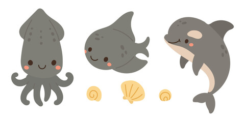 Happy squid, stingray, and dolphin swim with seashells in a flat underwater scene, ideal for marine wildlife education, sea-themed prints, and kids decor.