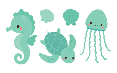 Cute cartoon seahorse, jellyfish, turtle, and ocean shells in playful pastel tones, perfect for underwater animal nursery illustrations and marine-themed designs.