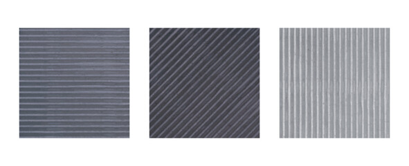 Eco fabric striped texture set in grey tones. Abstract corrugated cardboard grainy surface with sand like lines, dirt speckle, soft watercolor look, organic edge detail. Vector wall stone brick © A_Y_N