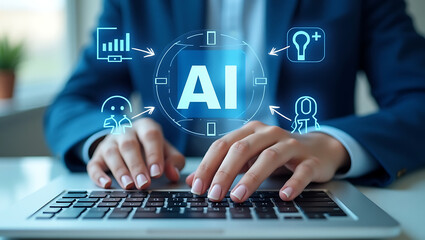 AI Integration Hands Typing on Laptop with Artificial Intelligence Icons Overlay