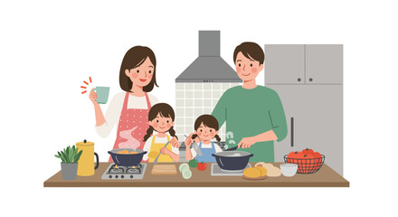 Family Cooking Together in Kitchen.